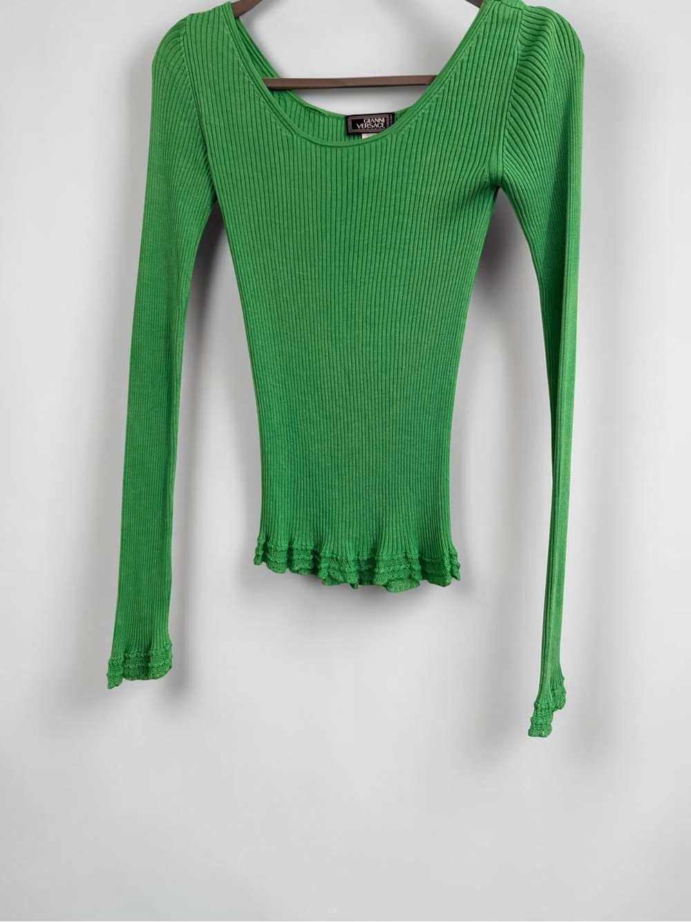 EUC- Versace Bright Green Ribbed Long-Sleeve Scoop Neck Top - Picture 3 of 4